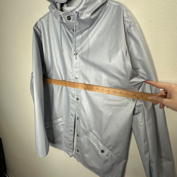 Rains Unisex Pale Blue Front Snap Midline Drawstring Hooded Rain Jacket S / M - Picture 16 of 16